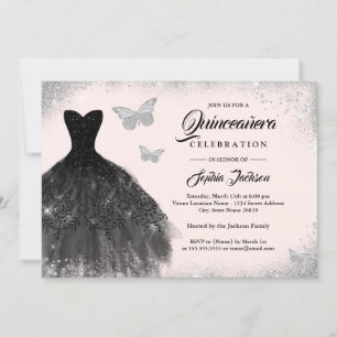 Convite Vestido Preto com Brilho Prateado Borboleta Quince