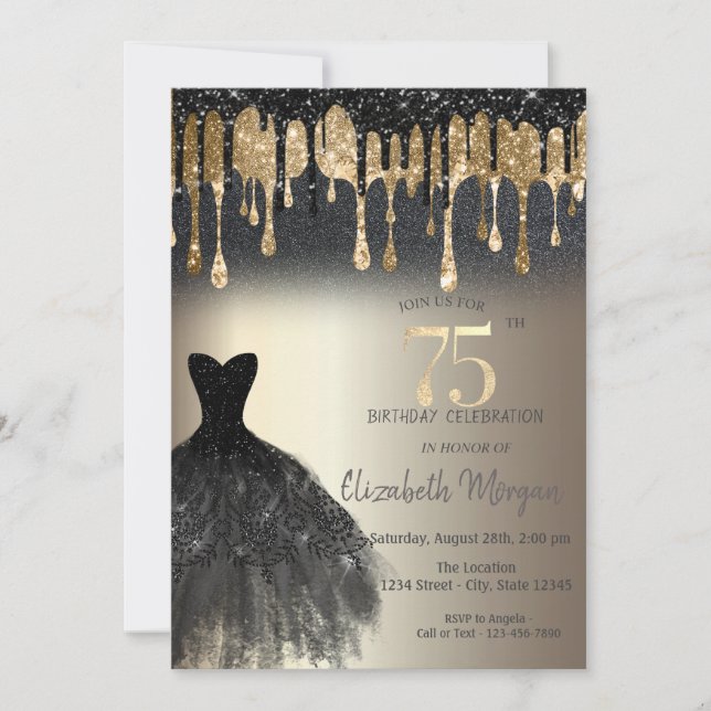Convite Vestido Preto com Gotas de Glitter Preto Dourado 7 (Frente)