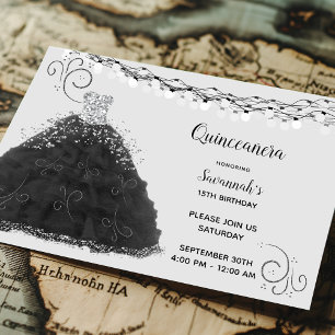 Convite Vestido Preto de Princesa Quinceanera com Luzes de