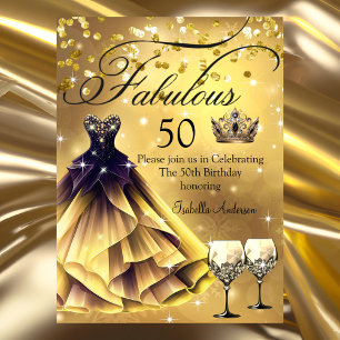 Convite Vestido preto dourado de aniversário de 50 anos Fa