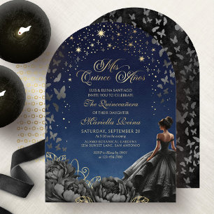 Convite Vestido Preto Estrelas Celestiais Quinceanera