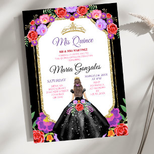 Convite Vestido Preto Mis Quince 15 Anos Mexicano Floral D