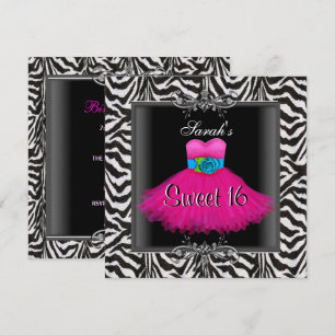 Convite Vestido Preto Pink Zebra  Sweet Sixteen 16 Anivers