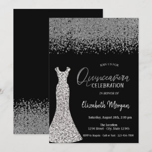 Convite Vestido Preto Quinceañera com Diamantes Prateados