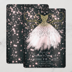Convite Vestido Preto Rosa Dourado com Lantejoulas Festa d