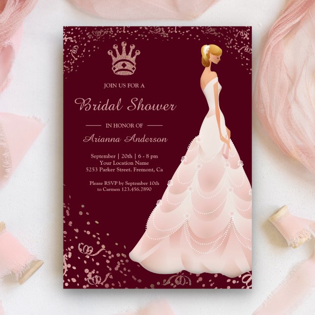 Convite Vestido Princesa Rose Gold Festa de Noivado Burgun (Criador carregado)