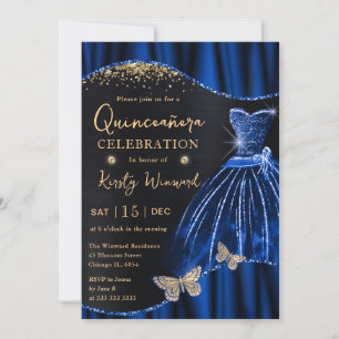 Convite Vestido Quinceanera Aquarela Azul e Dourado com La