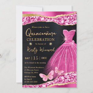 Convite Vestido Quinceanera Aquarela Rosa e Glitter Dourad