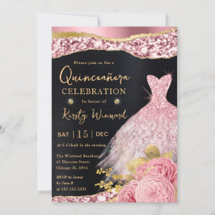 Convite Vestido Quinceanera Aquarela Rosa e Glitter Dourad