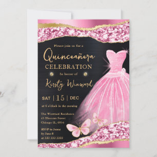 Convite Vestido Quinceanera Aquarela Rosa e Glitter Dourad