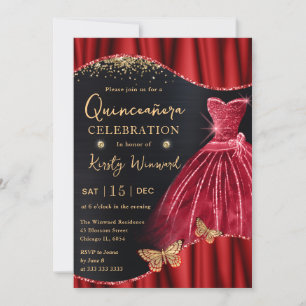 Convite Vestido Quinceanera Aquarela Vermelho e Dourado co