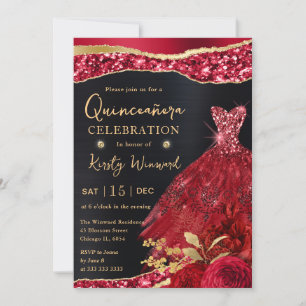 Convite Vestido Quinceanera Aquarela Vermelho e Dourado co