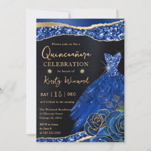 Convite Vestido Quinceanera Azul Aquarela com Glitter Dour