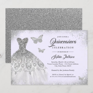 Convite Vestido Quinceanera Borboleta com Brilho Prata Rox