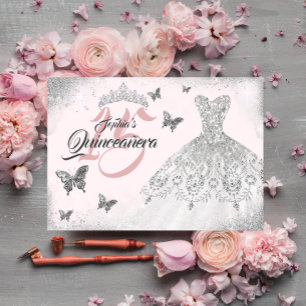 Convite Vestido Quinceanera Borboleta Prata Rosa Brilho