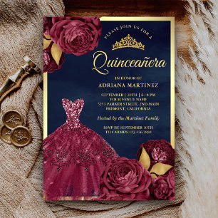 Convite Vestido Quinceanera Brilho Burgundy Floral Navy Go
