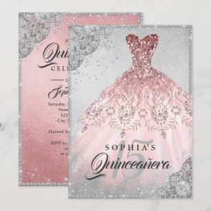 Convite Vestido Quinceanera com Brilho de Diamante Prata D