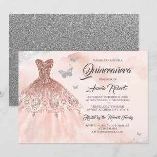 Convite Vestido Quinceanera com Brilho de Dourado Rosa em