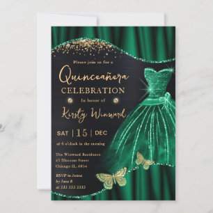 Convite Vestido Quinceanera com Brilho Dourado Verde Aquar