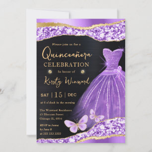 Convite Vestido Quinceanera com Glitter Dourado Lilás Aqua
