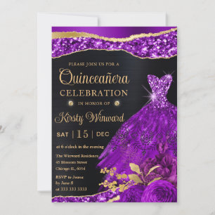 Convite Vestido Quinceanera com Glitter Dourado Roxo Aquar