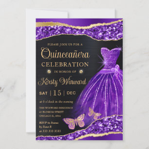 Convite Vestido Quinceanera com Glitter Roxo Dourado Aquar