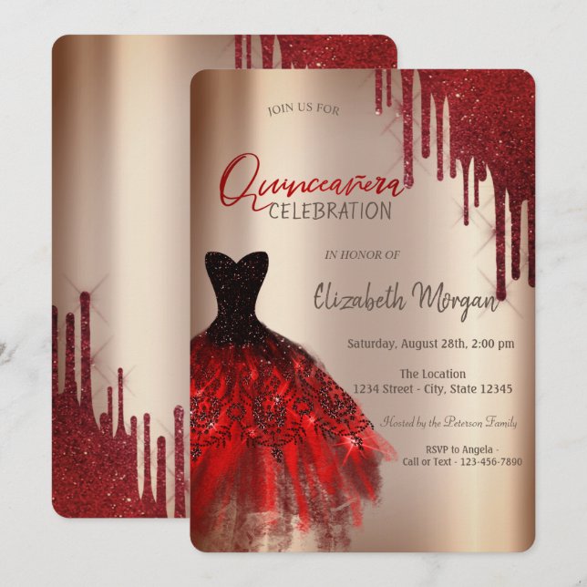 Convite Vestido Quinceañera com Gotas de Purpurina Vermelh (Frente/Verso)