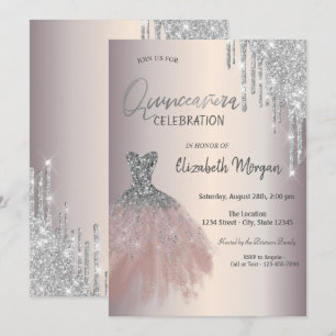 Convite Vestido Quinceañera com Pingentes de Brilho Prata