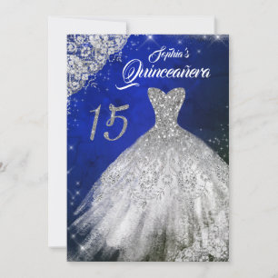 Convite Vestido Quinceanera com Renda Azul Prata e Brilho