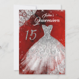 Convite Vestido Quinceanera com Renda Prata e Brilho Diama
