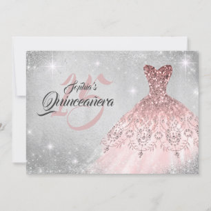 Convite Vestido Quinceanera com Renda Prateada e Diamantes