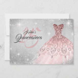 Convite Vestido Quinceanera com Renda Prateada e Diamantes