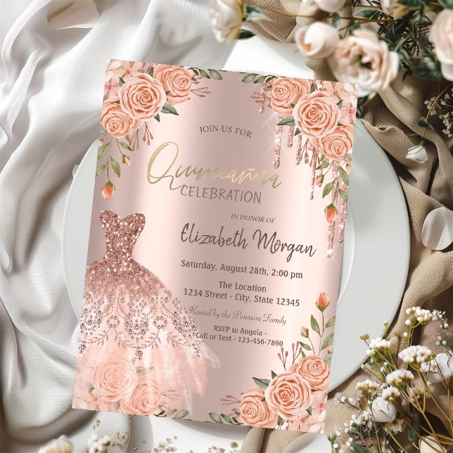 Convite Vestido Quinceañera com Rosas Glitter Chic (Criador carregado)