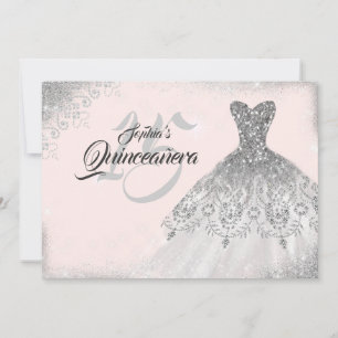 Convite Vestido Quinceanera de Renda Prata Rosa Blush Diam