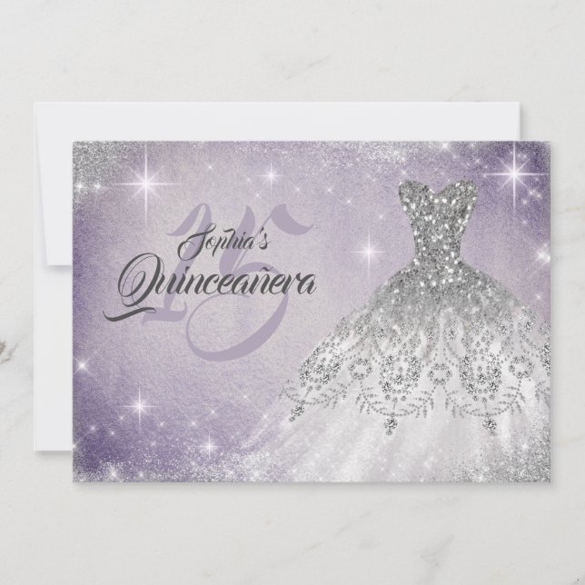 Convite Vestido Quinceanera de Renda Roxa Macia Prata com  (Frente)