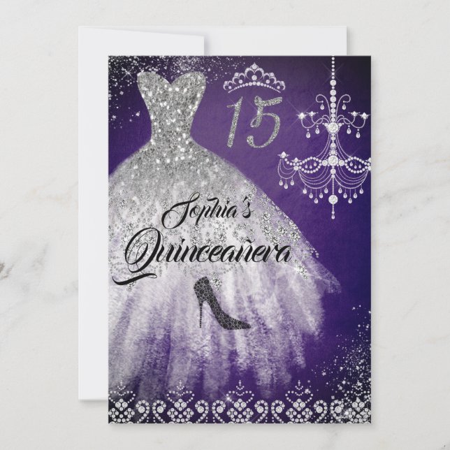 Convite Vestido Quinceanera Diamante Brilho Prata Roxo (Frente)