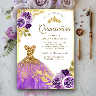 Convite Vestido Quinceanera Dourado com Brilho Floral Roxo