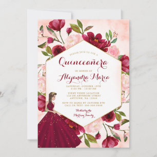 Convite Vestido Quinceanera Floral Dourado Bege Burgundy