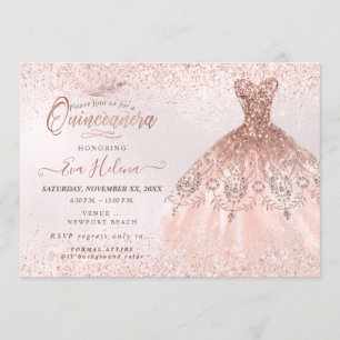 Convite Vestido Quinceañera, Glitters Dourado Rosa