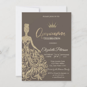 Convite Vestido Quinceañera Lantejoulas Dourado Marrom
