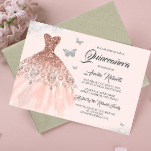 Convite Vestido Quinceanera Rosa Dourado Prateado Brilho