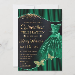 Convite Vestido Quinceanera Verde Glitter Dourado Aquarela