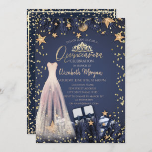 Convite Vestido,Ramificações,Marinho de Ouros - Quinceañer