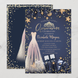 Convite Vestido, Ramos, Diamantes Azul Marinho Quinceañera