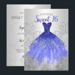 Convite Vestido Real Azul Silver Espelho Doce 16<br><div class="desc">Silver Royal Blue Sparkle Vestido Doce Doce 16 Aniversário Convite</div>