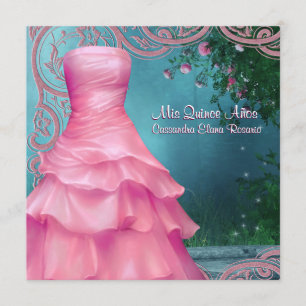 Convite Vestido Rosa Azul Teal Rosas Rosa Quinceanera