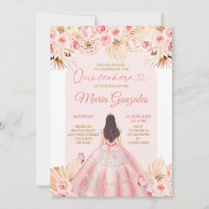 Convite Vestido Rosa Boho Floral Princesa Quinceañera