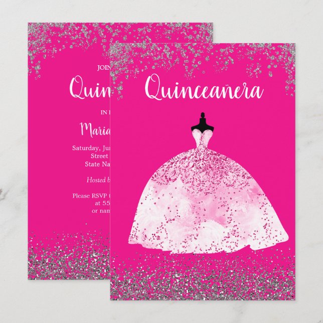 Convite Vestido Rosa bonito Quinceañera 15 de aniversário  (Frente/Verso)