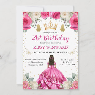 Convite Vestido Rosa Cabelo Castanho Princesa Aniversário