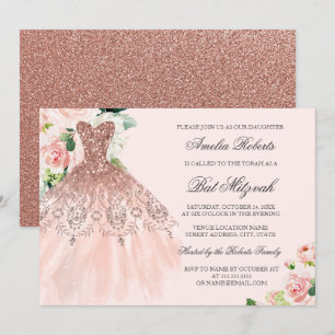 Convite Vestido Rosa Dourado Brilhante Floral Bat Mitzvah